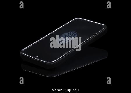 Fingerprint identification on cellphone. Smartphone isolated on blak background with fingerprint icon on screen Stock Photo