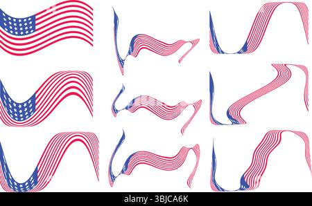 Set of dynamic waving flag shapes red white blue abstract elements for USA patriotic holiday and festive backgrounds Stock Vector