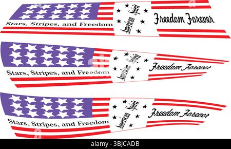 Curved flag banners waving in unison patriotic vector pattern for USA celebration Fourth July festive Independence Stock Vector