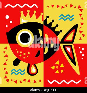 Queen fish seamless pattern in yellow red and black Stock Vector