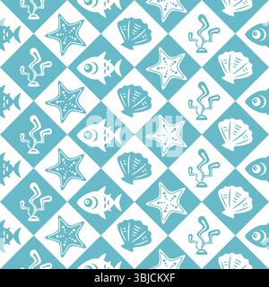 Sea life, shell, sea grass, seaweed seamless pattern Stock Vector