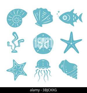 Seashell, fish, jellyfish, starfish, seaweed vector bundle Stock Vector