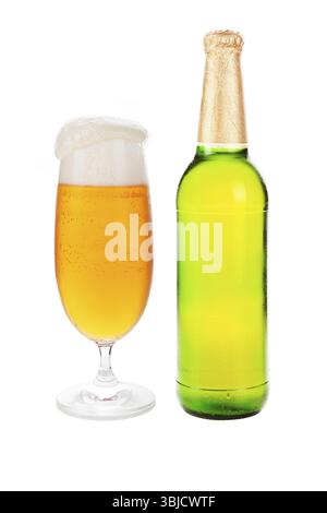Beer bottle and full glass isolated on white background Stock Photo