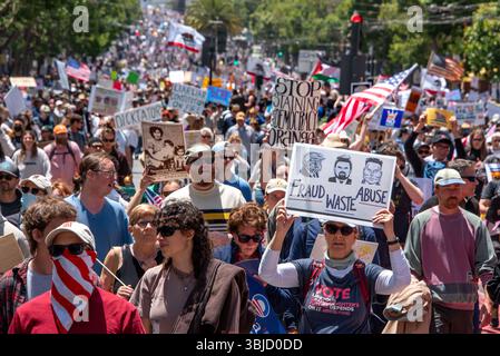 San Francisco, USA. 14th June 2025. As a massive crowd of protesters marches down Market Street for the No Kings protest event, protesters carry American, Palestinian, and California Republic flags, and many signs including one close up reading, "Fraud, Waste, Abuse," with sketches of Trump, Vance, and Musk above each word. Credit: Shelly Rivoli/Alamy Live News Stock Photo