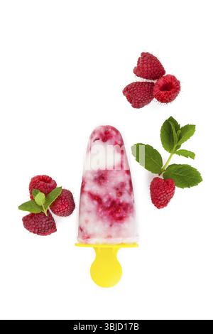 Luxurious ice lolly background. Ice lolly with fresh fruit and mint leaves isolated on white, top view. Summer and ice cream Stock Photo