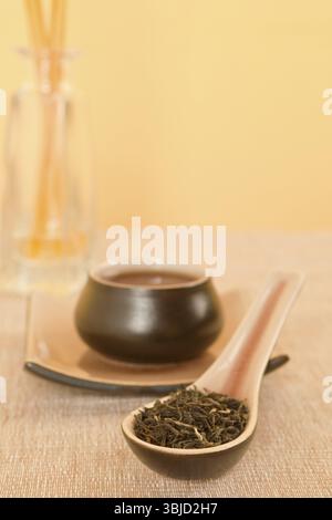 Black tea leaves on spoon, tea in tea bowl in background Stock Photo