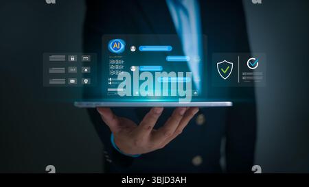 A businessman holds a tablet displaying a virtual AI chatbot interface with secure login icons, data protection symbols, futuristic technology for cyb Stock Photo