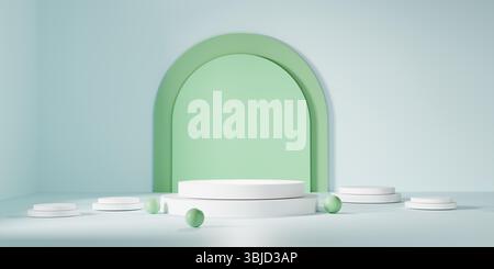 Display featuring central white round podium, Complemented by a soft green arch, All set against a calming light green background, Creating an elegant Stock Photo