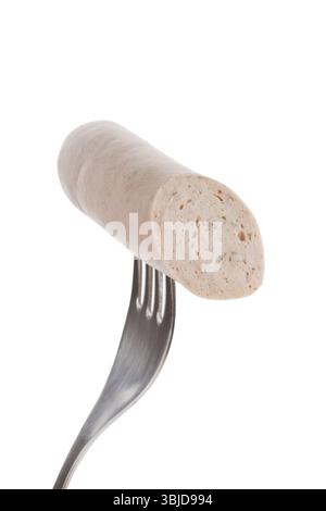 White bratwurst sausage on fork isolated on white background. Bbq concept Stock Photo