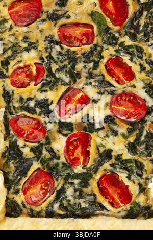 Detail of spinach pie or quiche with cheese and tomatoes from above Stock Photo