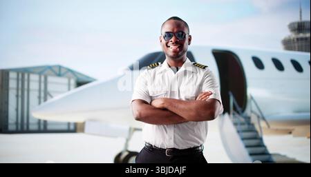 Smiling Pilot Prepares For Departure In His Private Jet Stock Photo