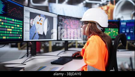 Black Female Engineer Drafts Satellite Model Using 3D CAD Software. Stock Photo