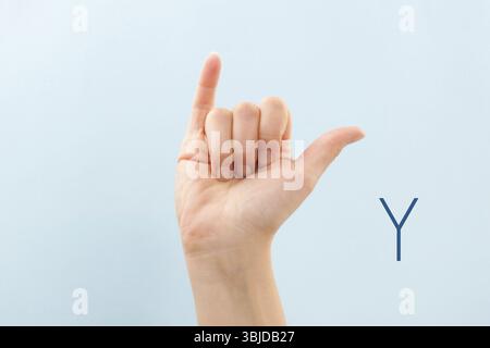 Letter Y In Sign Language American sign language . Female hand showing alphabet isolated on blue ...