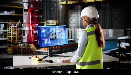African American Woman Operating Scada System At Industrial Factory. Stock Photo