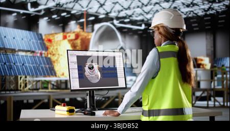 Innovative Engineer Designs A Satellite Model Using 3D CAD Software. Stock Photo