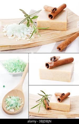Wellness collage. Natural body care products, bath salt, soap bar with rosemary and cinnamon Stock Photo
