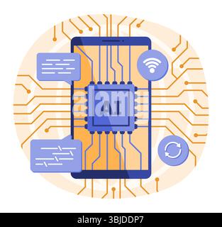 Smartphone's Microchip Processing by AI CPU Program System for Artificial Intelligence and Wireless Technology Concept Illustration Stock Vector