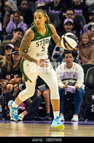 Seattle Storm forward Gabby Williams goes to the basket against the New