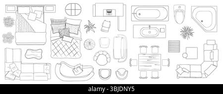 Furniture outline Top view Set line art elements Stock Vector