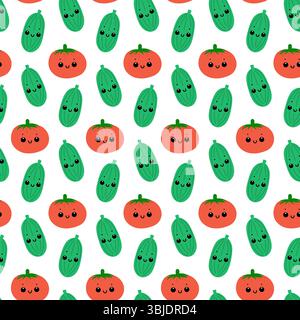 Cucumber and tomato seamless pattern on white background. Cute vegetables with smiling faces. Stock Vector