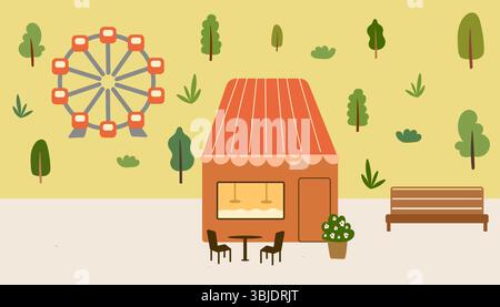 Food shop in park. Outdoor kiosk with red roof. Stock Vector