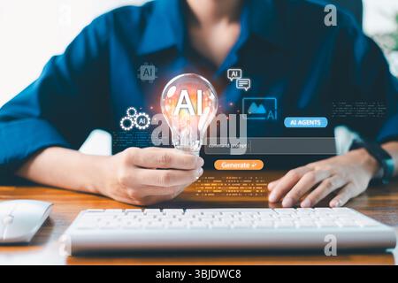 AI agent generate. user holding virtual AI lightbulb icon with Generate button, command prompt bar, symbolizing generative AI, idea creation, smart au Stock Photo