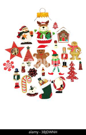 Christmas tree decoration abstract with retro natural ornaments on white background. Festive design for the holiday season with traditional symbols. Stock Photo