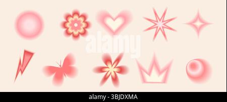 Blur coquette gradient geometric shape set. Y2k retro heart, star and circle with flower. Colorful gradation butterfly, crown on beige background. Tre Stock Vector