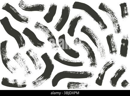 Makeup mascara wavy brush stroke lines. Hand drawn black ink vector long shapes. Paintbrush linear scribble elements set isolated on white background. Stock Vector