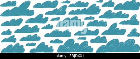 Crayon clouds set. Naive hand drawn sky pack. Kids chalk textured elements. Pastel scribble cloudy weather speech bubbles. Vector pencil drawn collect Stock Vector
