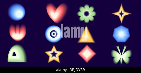 Blur neon gradient geometric shapes set. Y2k retro heart, butterfly and circle with flower. Colorful bright gradation star, arch on dark background. T Stock Vector
