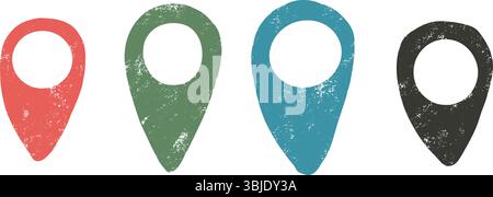 Location map pins colorful crayon drawn set. Road pointer hand drawn doodle isolated on white background. Travel destination symbol elements. Vector n Stock Vector