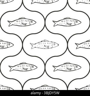 Crayon fish ogee seamless pattern. Sardines hand drawn endless background. Nautical damask repeat cover. Sea continuous ornament. Surface pattern desi Stock Vector