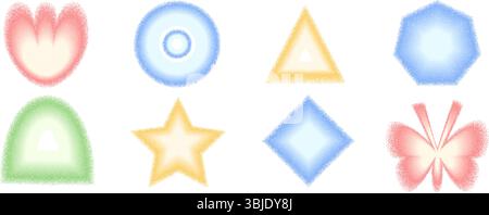 Grain color noise gradient geometric shape set. Y2k arch, triangle and circle with flower forms. Color butterfly and star icons with grainy texture is Stock Vector