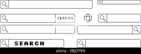 Search bar pixel art set. 8bit web browser stroke elements collection. Retro internet shapes. Click cursor, hands and buttons and windows. Vector illu Stock Vector