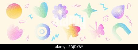 Grain various colors noise gradient geometric shape set. Y2k iridescent heart, drop and arch with flower forms. Gritty grunge butterfly and fish icons Stock Vector