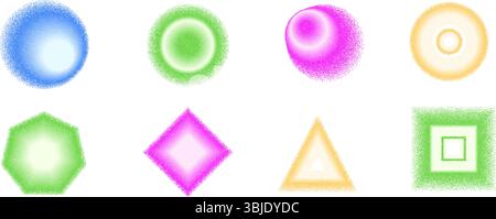 Grain gradient geometric shape set. Y2k noise circles with triangles forms. Colorful rhombus and rectangles icons on white background. Trendy effect w Stock Vector