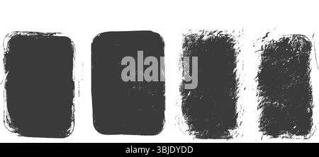 Black soiled grunge text boxes set. Callouts rectangles frames. Linocut rolled paint black tag. Vector handmade brayer stamp smudged texture. Rough pa Stock Vector