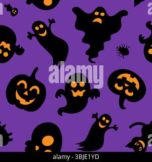 Seamless pattern Halloween featuring ghosts, pumpkins, and spiders on a purple background for festive decoration Stock Vector