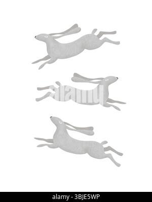 Cute Gray Rabbit Jumping Happily. Funny Gray Bunny on a White ...