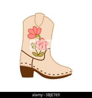 Beige cowboy boot with embroidered pink flowers and green leaves. Feminine country fashion illustration in flat style. Stock Vector