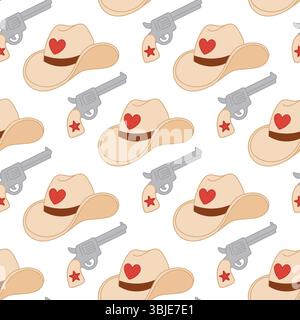 Repeating pattern of tan cowboy hats with red hearts and silver revolvers with stars. Classic western aesthetic. Stock Vector