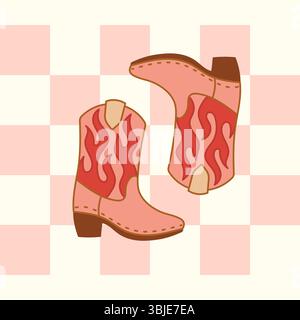 Stylized illustration of red flame cowboy boots placed on a soft red checkerboard background. Western and trendy design. Stock Vector