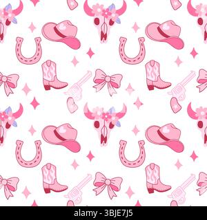 Seamless pattern of cowgirl hats, boots, skulls, bows, guns, and horseshoes in pink western style. Feminine and bold design. Stock Vector