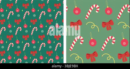 Hand Drawn Candy Cane Ribbon Bow and Christmas tree decorations Seamless Patterns Holidays Fond Set. Isolated Vector illustration Christmas and holiday season themed greeting cards or banner backdrop Stock Vector