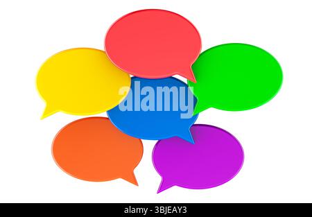Colorful speech bubbles. Symbolizing communication, conversation and dialogue. 3D rendering isolated on white background Stock Photo