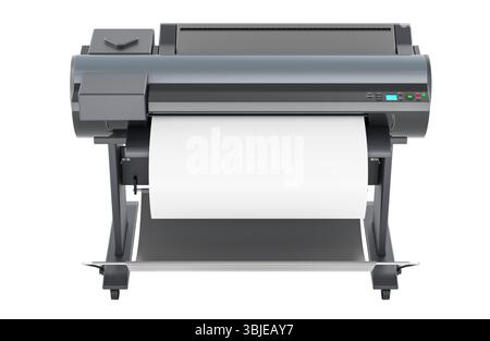 Large format plotter printer with blank sheet, front view. 3D rendering isolated on white background Stock Photo