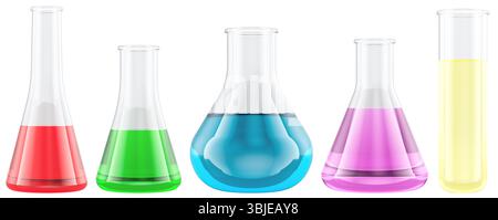 Laboratory glass flasks with colorful liquids. 3D rendering isolated on white background Stock Photo