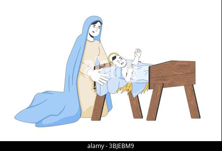 Mary kneeling beside baby Jesus swaddled in straw manger 2D cartoon bible characters Stock Vector