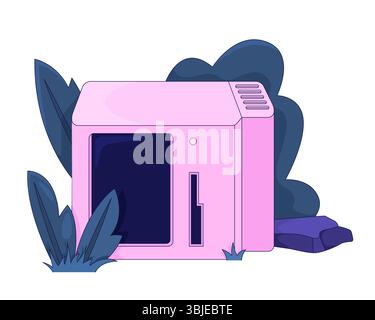 Overgrown pink vintage computer in nature 2D cartoon object Stock Vector